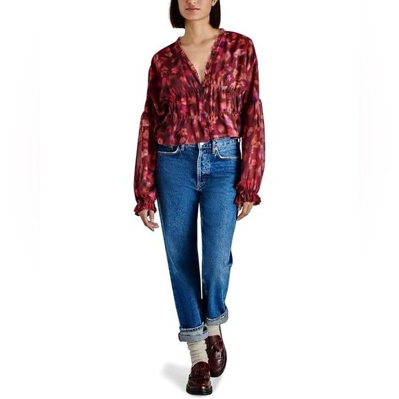 Steve Madden Wine Floral Blouse Button Down Top Feminine Ruffles - Picture 3 of 10